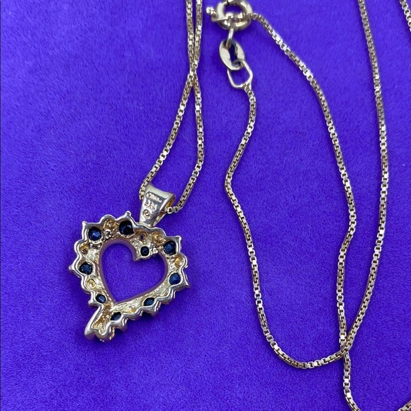 💛 14k Yellow Gold Plated 925 Diamond & Sapphire Heart Pendant Necklace - Picture 3 of 5
